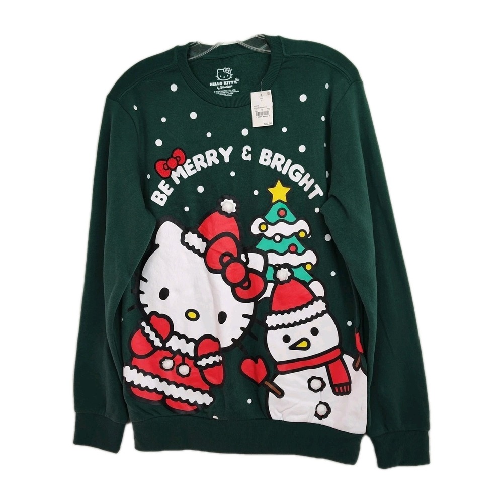 NWT Hello Kitty Christmas Sweatshirt Men's Sz Small Green Graphic Print Pullover